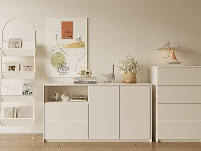 Modern White Entryway Cabinet And Side Cabinet With Decorative Vase Table Lamp And Wall Art 3d model