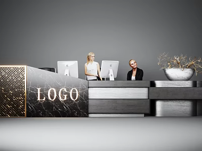 Modern Reception Desk With Marble Surface Logo And Staff Working At Computers 3d model