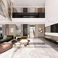 Spacious Living and Dining Room With Marble Wall Floor to Ceiling Windows and Modern Furniture