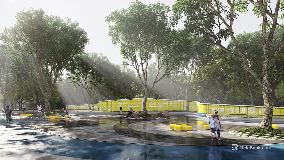 Park Landscape Featuring Lush Trees Sunlight Streaming And Yellow Containers With People Enjoying Outdoor Activities 3d model 