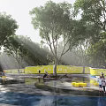 Park Landscape Featuring Lush Trees Sunlight Streaming And Yellow Containers With People Enjoying Outdoor Activities