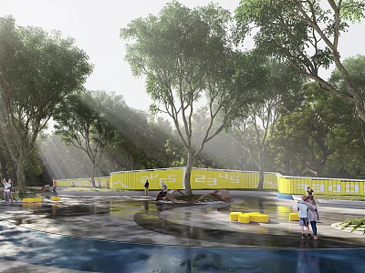 Park Landscape Featuring Lush Trees Sunlight Streaming And Yellow Containers With People Enjoying Outdoor Activities 3d model