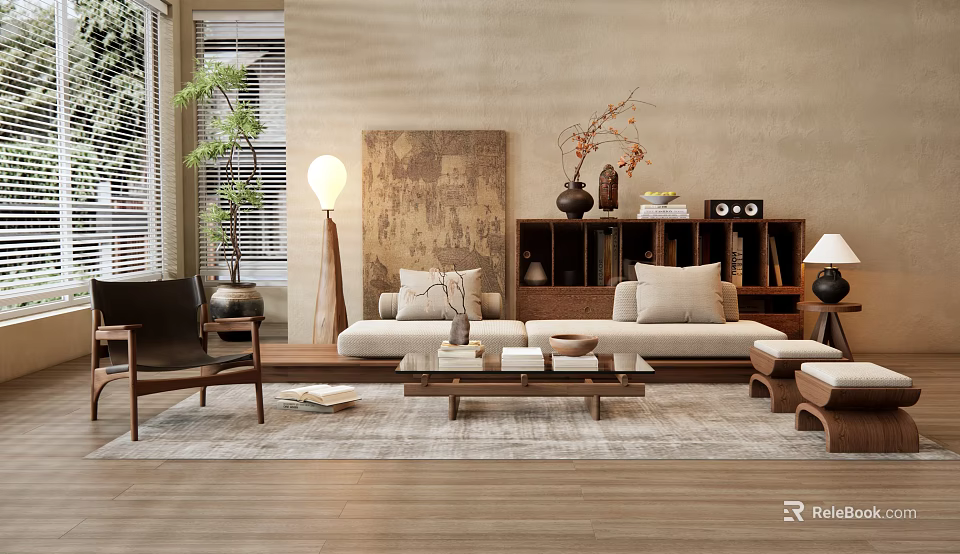 Modern Natural Sofa And Coffee Table Set With Decorative Painting Floor Lamp And Green Plant 3d model 