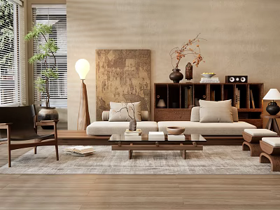 Modern Natural Sofa And Coffee Table Set With Decorative Painting Floor Lamp And Green Plant 3d model