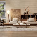 Modern Natural Sofa And Coffee Table Set With Decorative Painting Floor Lamp And Green Plant