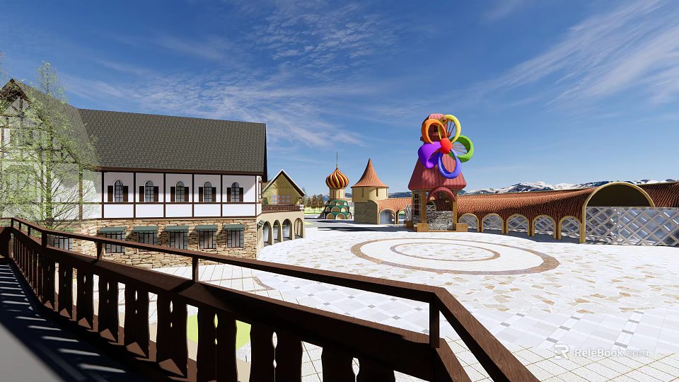 Scenic Public Square With Traditional Buildings Colorful Artworks Domes And Mountain Views 3d model 