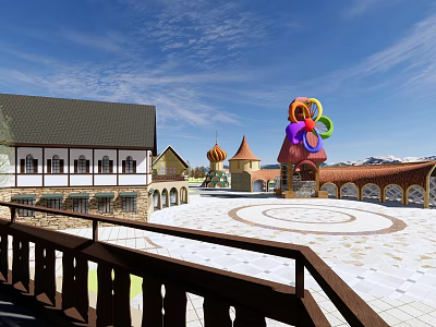 Scenic Public Square With Traditional Buildings Colorful Artworks Domes And Mountain Views 3d model