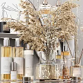 Stylish Bathroom Accessories With Reed Diffusers Fragrance Bottles And Decorative Jars