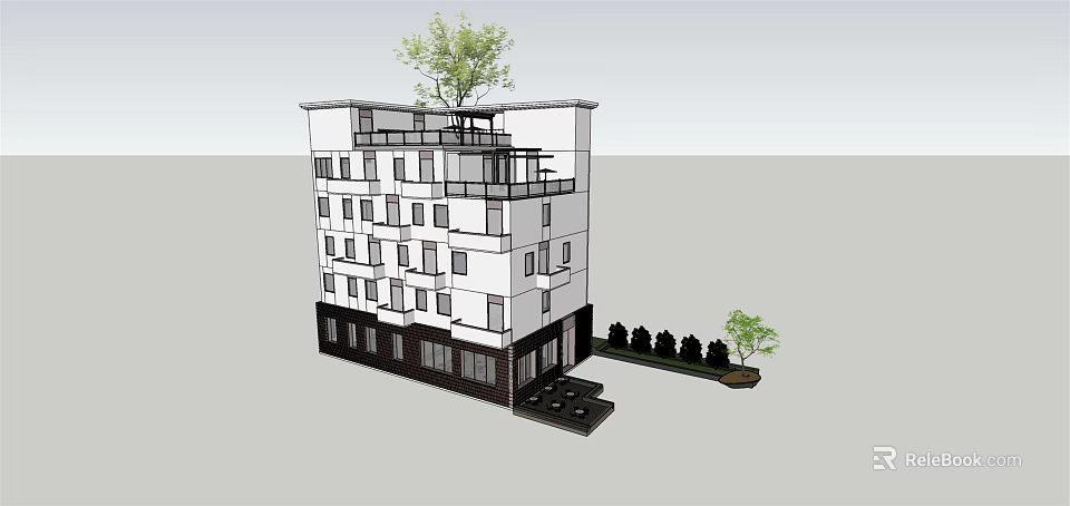 Modern Multi Story Building With White Exterior Dark Base Tree On Roof And Nearby Shrubs 3d model 