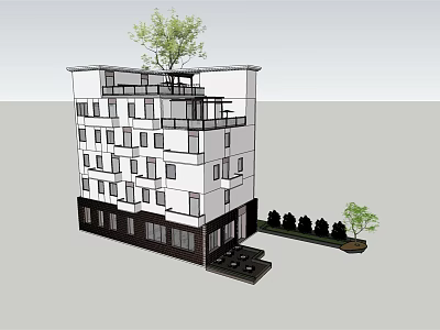 Modern Multi Story Building With White Exterior Dark Base Tree On Roof And Nearby Shrubs 3d model