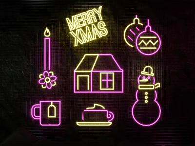 Christmas Neon Decorative Lights Featuring Merry Xmas Sign Snowman Candle Ornaments And House Design 3d model