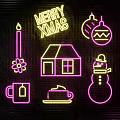 Christmas Neon Decorative Lights Featuring Merry Xmas Sign Snowman Candle Ornaments And House Design