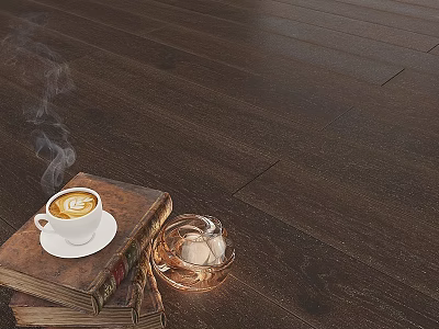 Warm Wooden Floor Scene With Hot Coffee Old Book And Glass Bowl Eggs 3d model