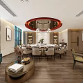 Elegant Modern Private Dining Room With Round Table Chandelier Windows And Comfortable Seating 3d model