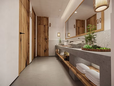 Modern Public Restroom Interior With Wooden Doors Sink Counter And Potted Plants 3d model