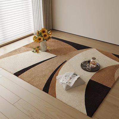 Square Area Rug Brown Beige Black Geometric Design on Wooden Floor with Sunflower Bouquet Tray 3d model