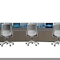 Modern Functional Desk Workspace With Multiple Monitors Office Chairs And Curved Design