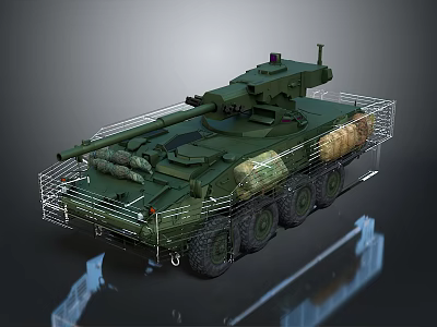 Armored Six Wheeled Military Vehicle With Green Camouflage Turret And Protective Cages 3d model