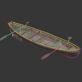 Wooden Boat With Paddles On Reflective Surface And Dark Background