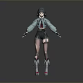 Woman With Short Gray Hair In Futuristic Tech Style Clothing Standing With Hands Open