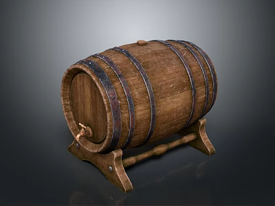 Wooden Barrel With Metal Hoops And Stand For Household Decorative Use 3d model