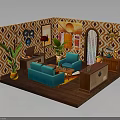 Vibrant Living Room Interior With Blue Sofas Green Plants Geometric Pattern Walls And Coffee Table