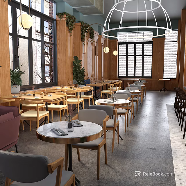 Warm Restaurant Interior Design With Wooden Walls Round Tables Chairs Large Windows And Green Plants 3d model 