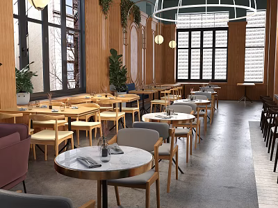 Warm Restaurant Interior Design With Wooden Walls Round Tables Chairs Large Windows And Green Plants 3d model