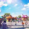 Colorful Hot Air Balloon Above Fairy Tale Town With Mushroom Houses Windmill And Lush Greenery