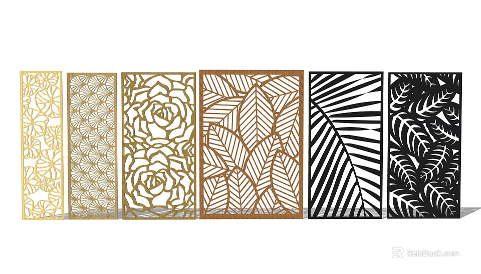 Decorative Room Dividers With Floral Leaf And Geometric Patterns In Gold And Black 3d model 