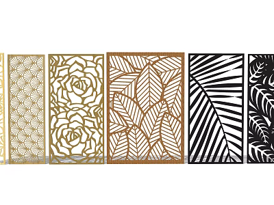 Decorative Room Dividers With Floral Leaf And Geometric Patterns In Gold And Black 3d model