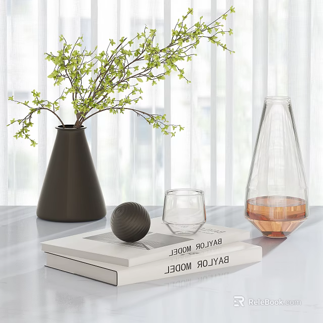 Elegant Decorative Ornament Set With Black Vase Green Branches Transparent Glassware And Stacked Books 3d model 