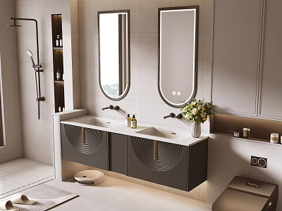 Modern Bathroom Washbasin Design With Double Sinks Mirrors Cabinets And Flower Vase 3d model