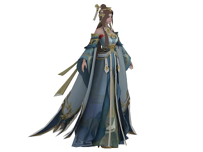 Game Movie Character in Blue Gold Traditional Robe with Elegant Headdress and Flowing Sleeves 3d model