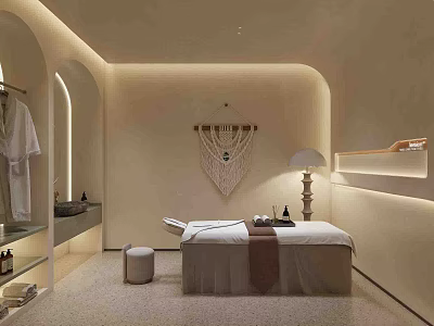 Modern SPA Sauna Room With Massage Bed White Bathrobe Soft Lighting And Macramé Decor 3d model