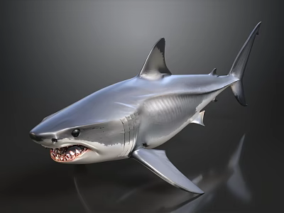Silver Shark Model With Open Mouth Sharp Teeth And Reflective Surface On Dark Background 3d model