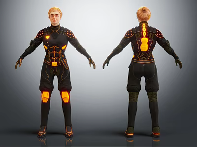 Futuristic Character In Black Armor With Orange Glowing Details Front Back View 3d model