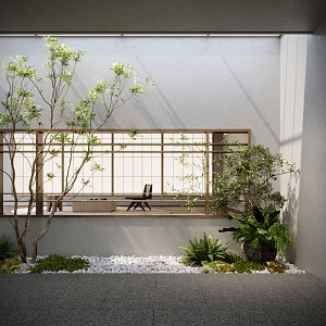 New Chinese style courtyard landscape dry landscape courtyard sketch indoor landscape plant pile gravel 3d model