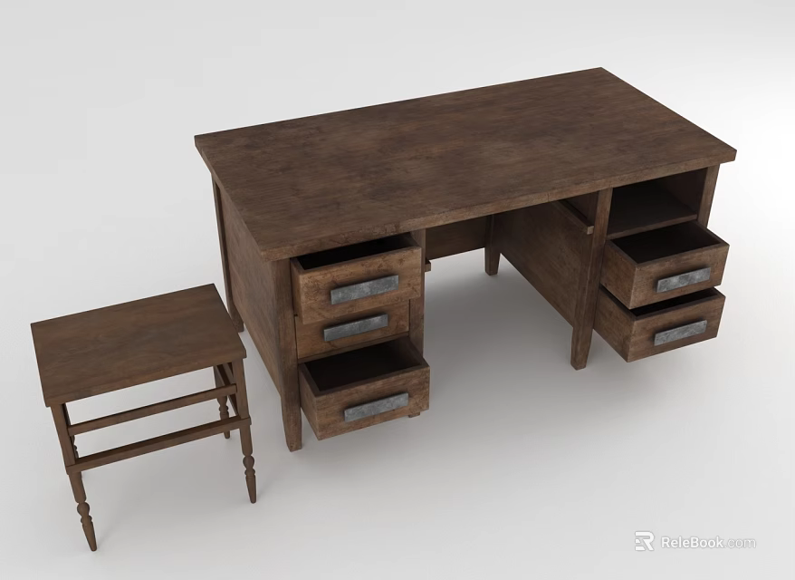 Rustic Wooden Desk With Storage Drawers And Matching Stool Furniture Set 3d model 