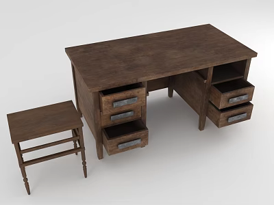 Rustic Wooden Desk With Storage Drawers And Matching Stool Furniture Set 3d model
