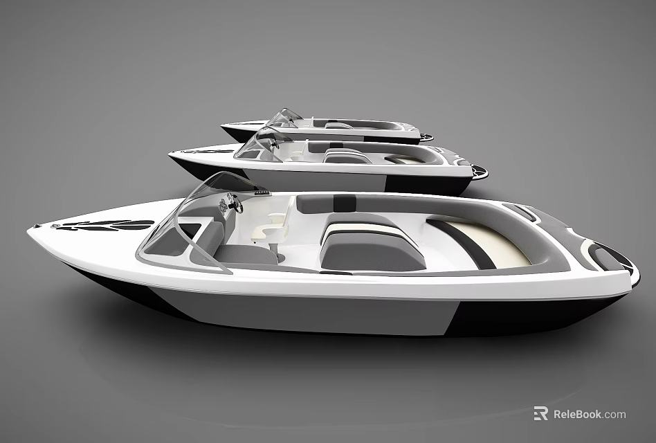 Three White and Black Motorboats with Open Cockpit and Seats Side by Side 3d model 