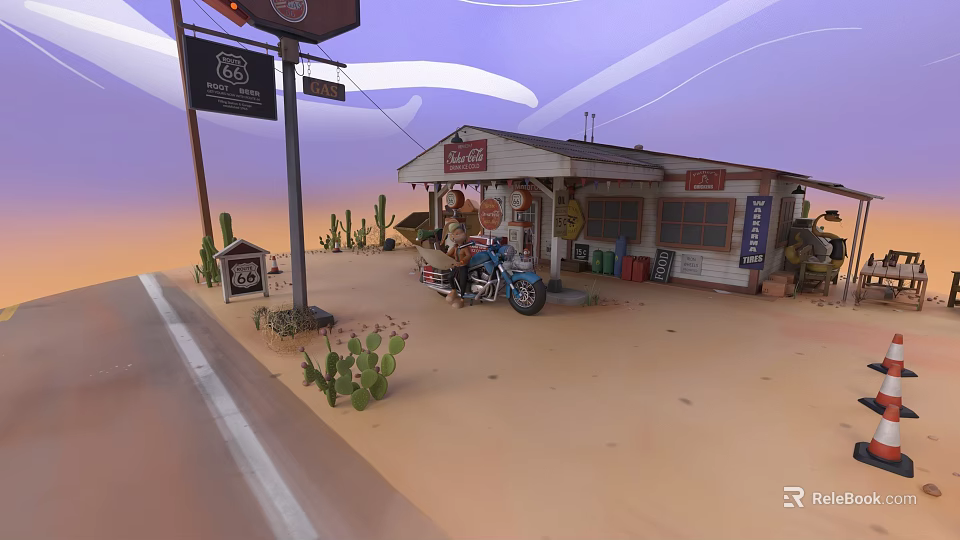 Vintage Route 66 Gas Station With Blue Motorcycle And Desert Cacti 3d model 
