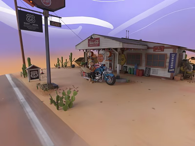 Vintage Route 66 Gas Station With Blue Motorcycle And Desert Cacti 3d model