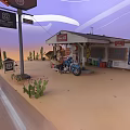 Vintage Route 66 Gas Station With Blue Motorcycle And Desert Cacti