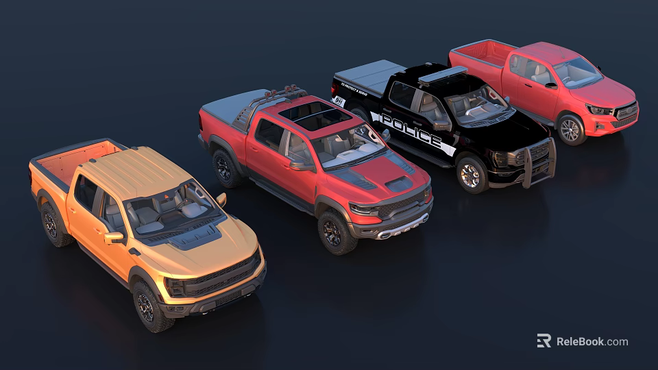 Multiple Stylish Pickup Trucks In Various Colors And Designs On 3d model 