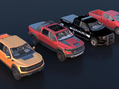 Multiple Stylish Pickup Trucks In Various Colors And Designs On 3d model