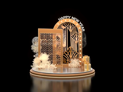 Elegant New Year Photo Spot With Golden Screen Snowflake Decorations Circular Base And Gift Boxes 3d model