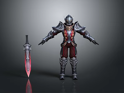 Armored Character Standing With Red Glowing Sword And Detailed Metal Armor 3d model