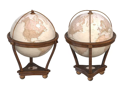 Decorative Ornament Set with Two Classic Globes on Wooden Stands and Metal Frames 3d model