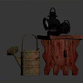 Red Wooden Bench With Two Black Oil Lamps And Brown Watering Can
